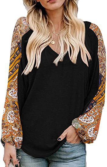 Women's New Loose V-neck Balloon Splicing T-shirt Women