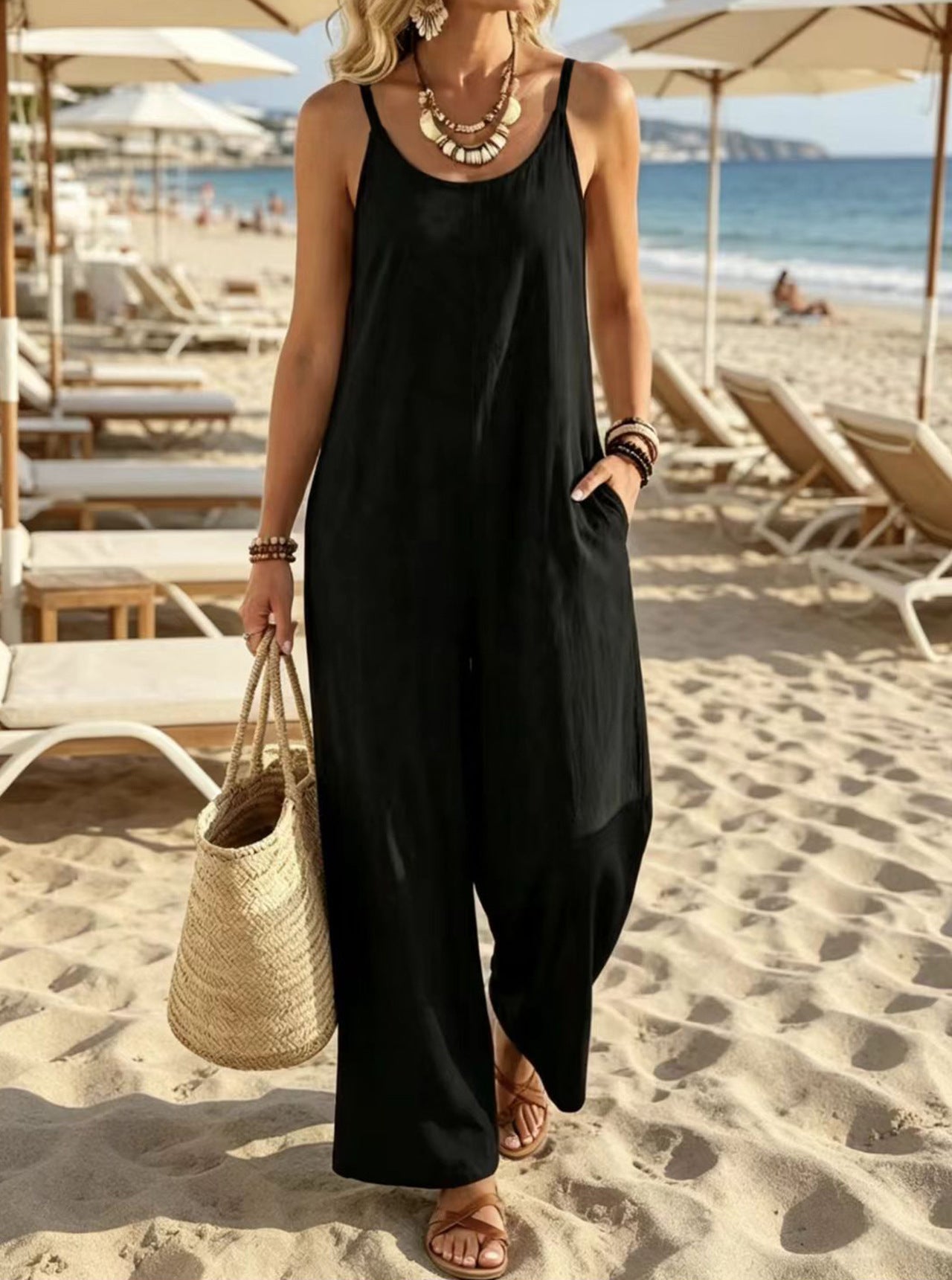 Womens Casual Resort-style Loose-fit Strap Solid-color Jumpsuit