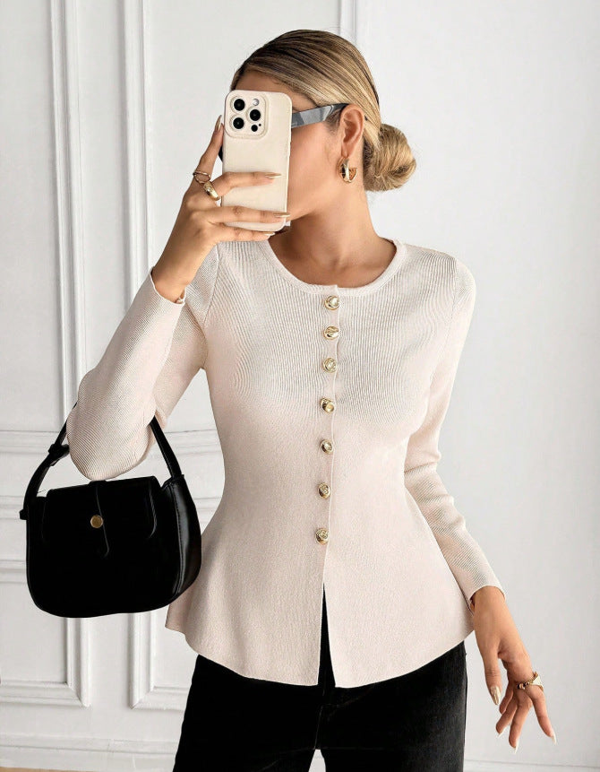 Women's Elegant Knitted Crew Neck Sweater Tweed-look Chanel-inspired Pullover