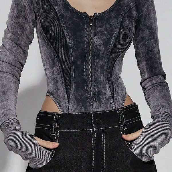 Retro Washed Denim Romper Street Style Jumpsuit