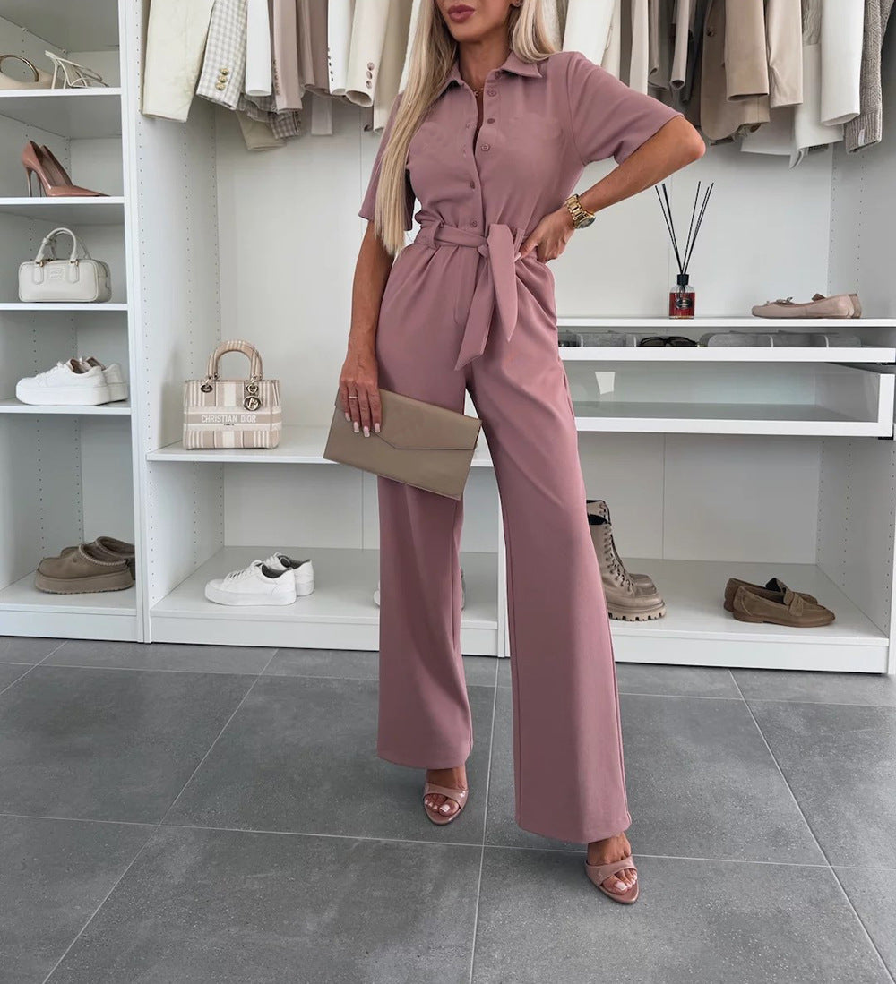 Womens Shirt-collar Short-sleeved Tie-detail Jumpsuit