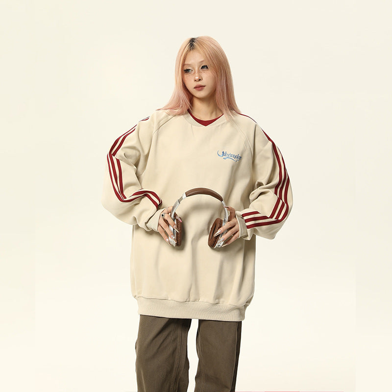 Retro Contrast Color Loose Crew Neck Women's Sweater