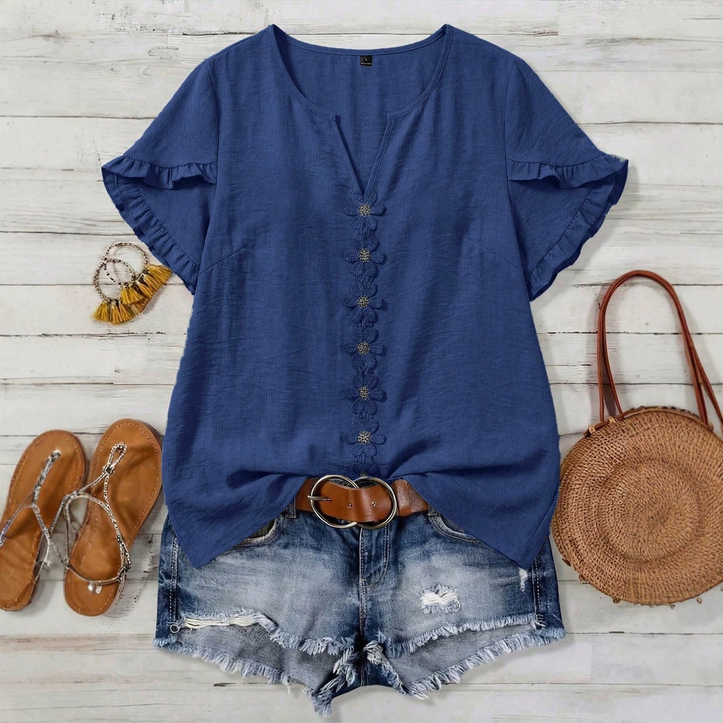 Floral Embroidery V-Neck Top for Women