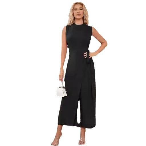 Elegance Sleeveless High-Waist Tie-Up Straight-Leg Jumpsuit