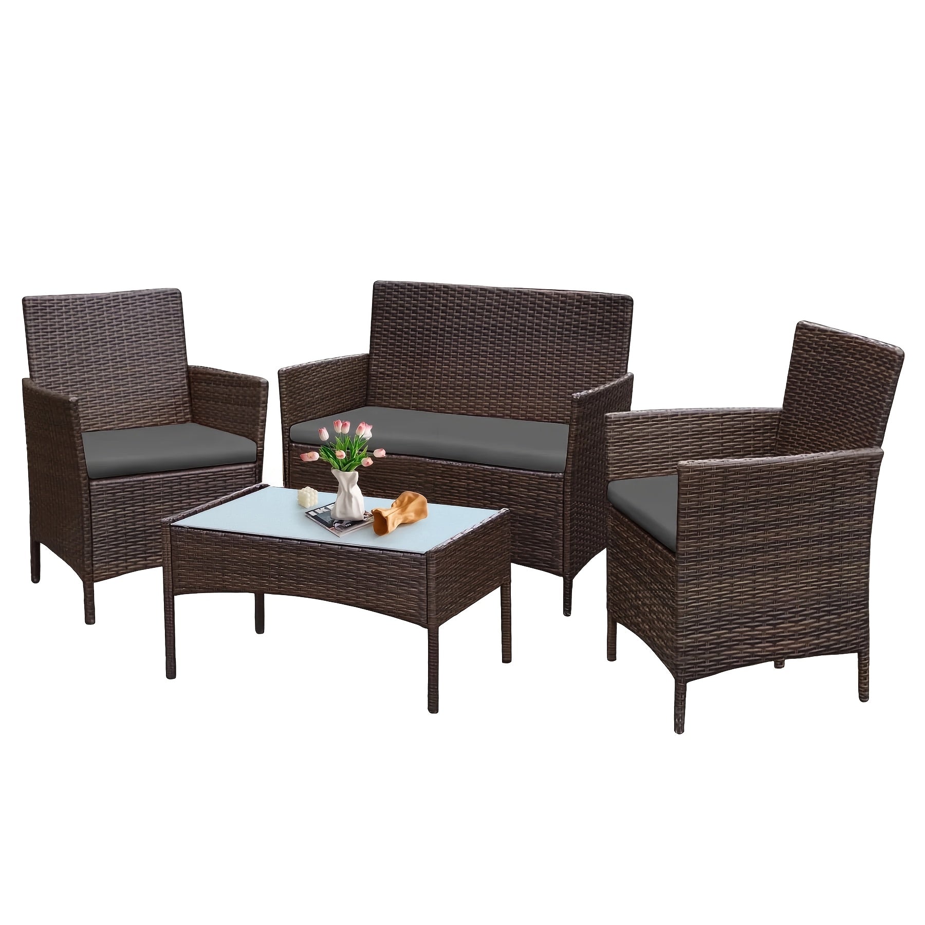 [Outdoor Patio Couch Sets] 4pcs Outdoor Patio Couch Sets, PE Rattan Patio Conversation Furniture with 2 Thick And Soft Cushion Single Chairs, an Outdoor Loveseat And a Tempered Glass Table, All Weather Chat Sofa for Garden, Backyard, Porch, Poolside