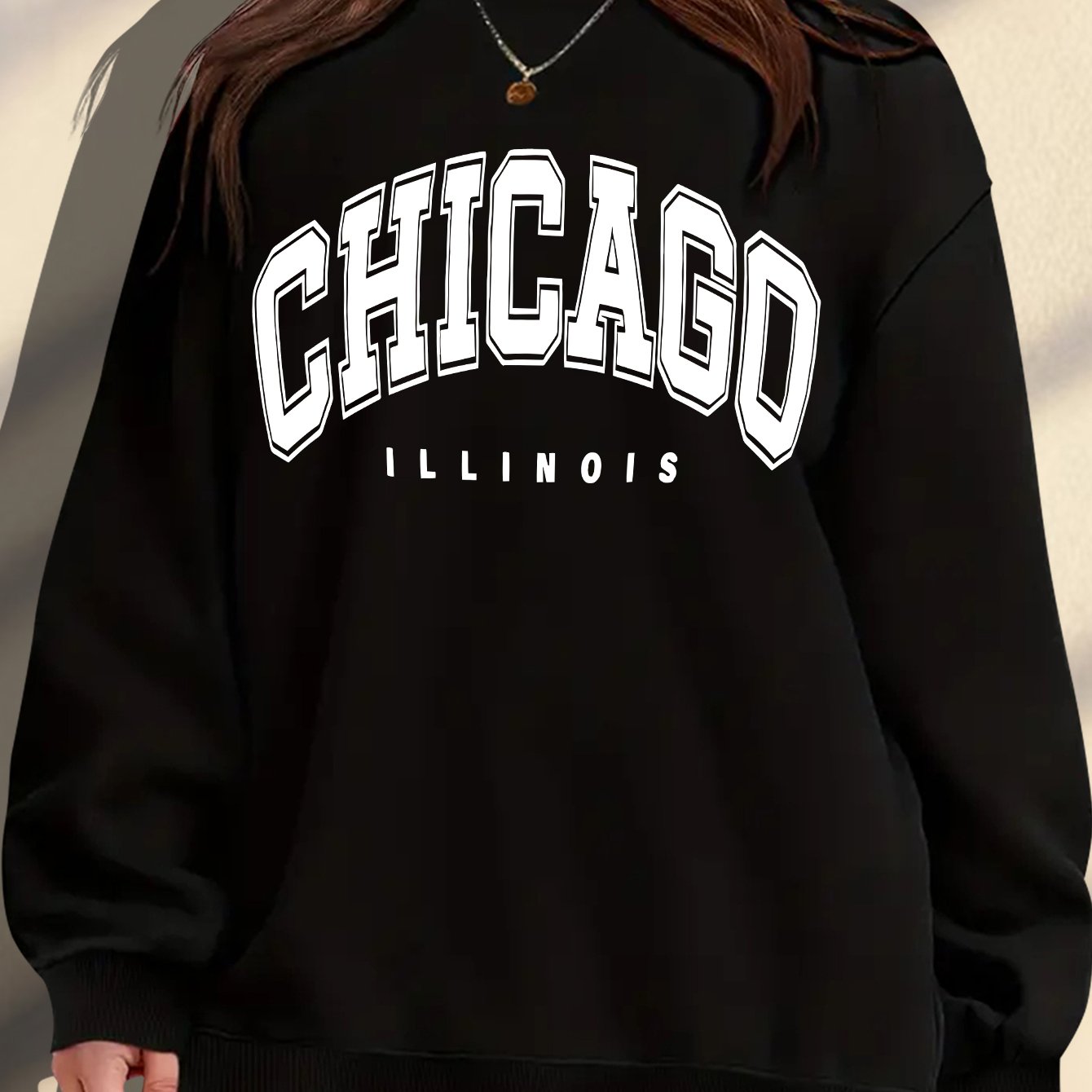 Women's Plus Size Soft Casual Long Sleeve Crew Neck Sweatshirt with American Campus Print