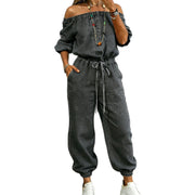 Off-Shoulder Denim Jumpsuit with Ankle Tie