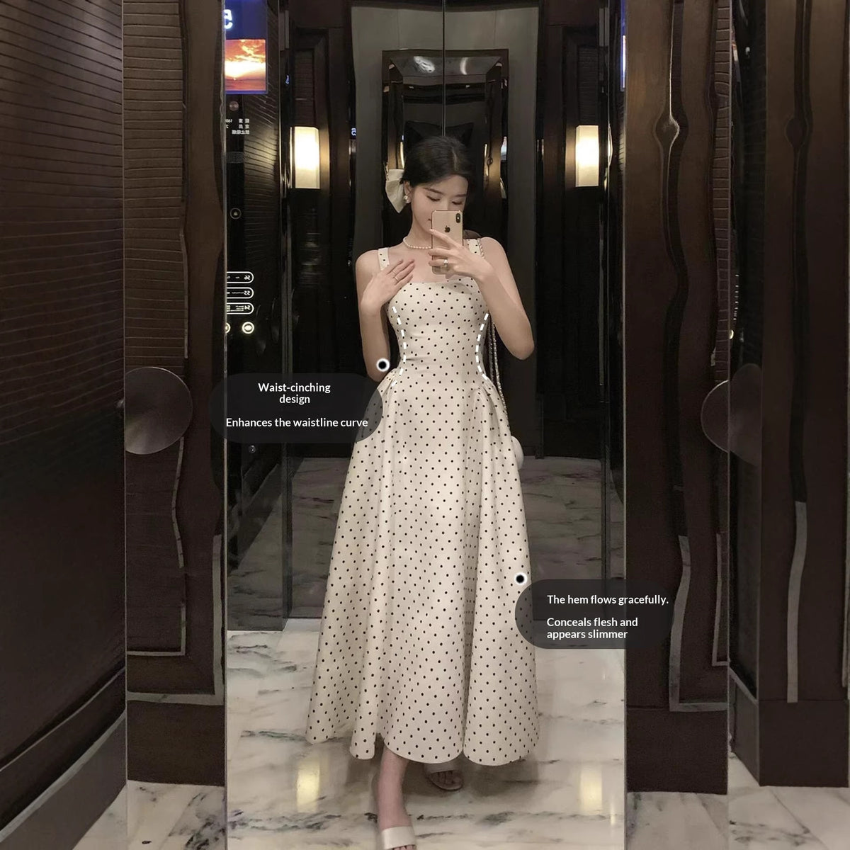 Womens Long Dress with French-style Polka-dot Straps