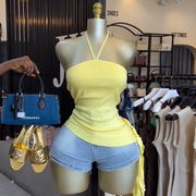 Neck-hanging Tube Top Waist-cinching Shirt With An Asymmetrical Hem