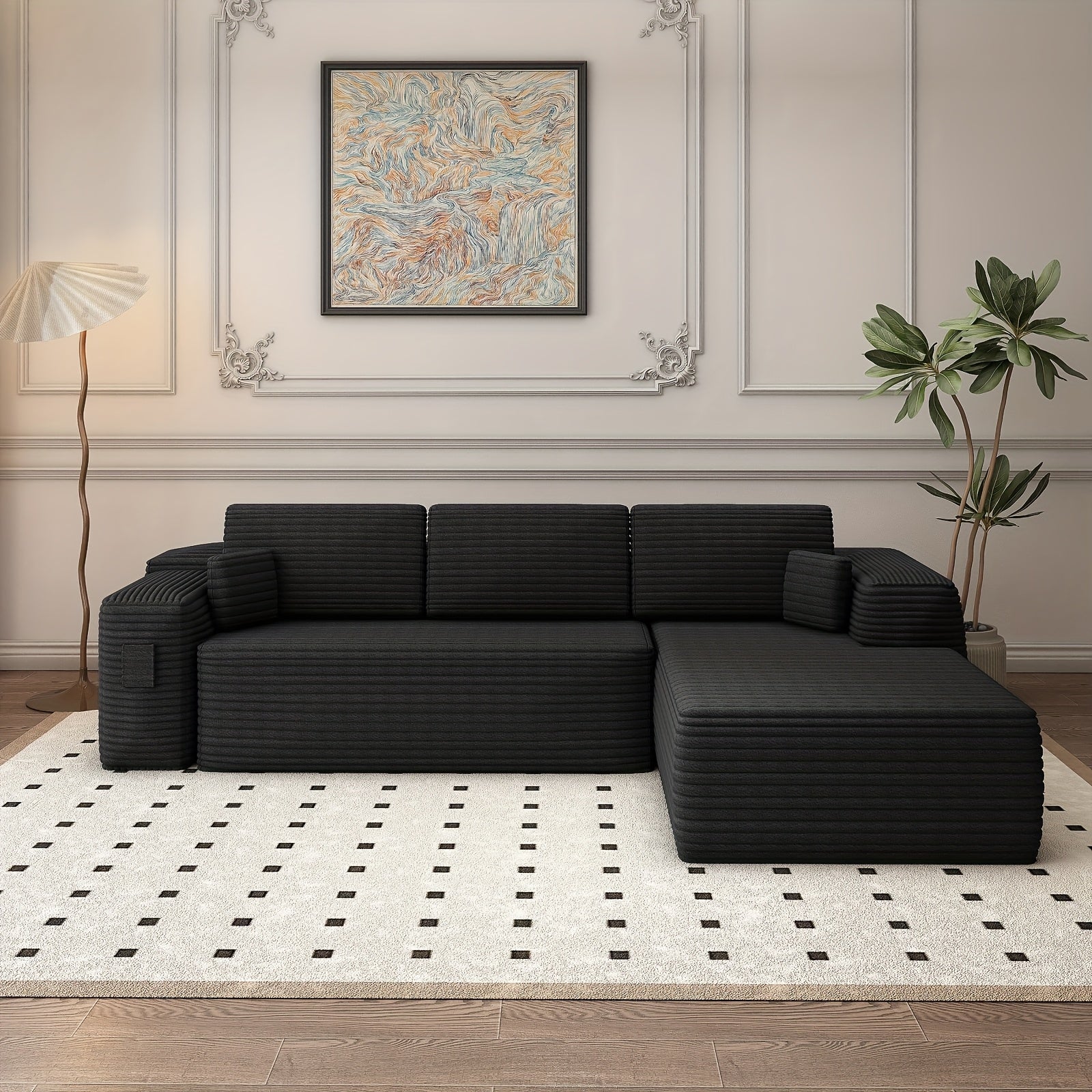 Modular L-shaped chaise longue sofa bed with deep seat and corduroy upholstery
