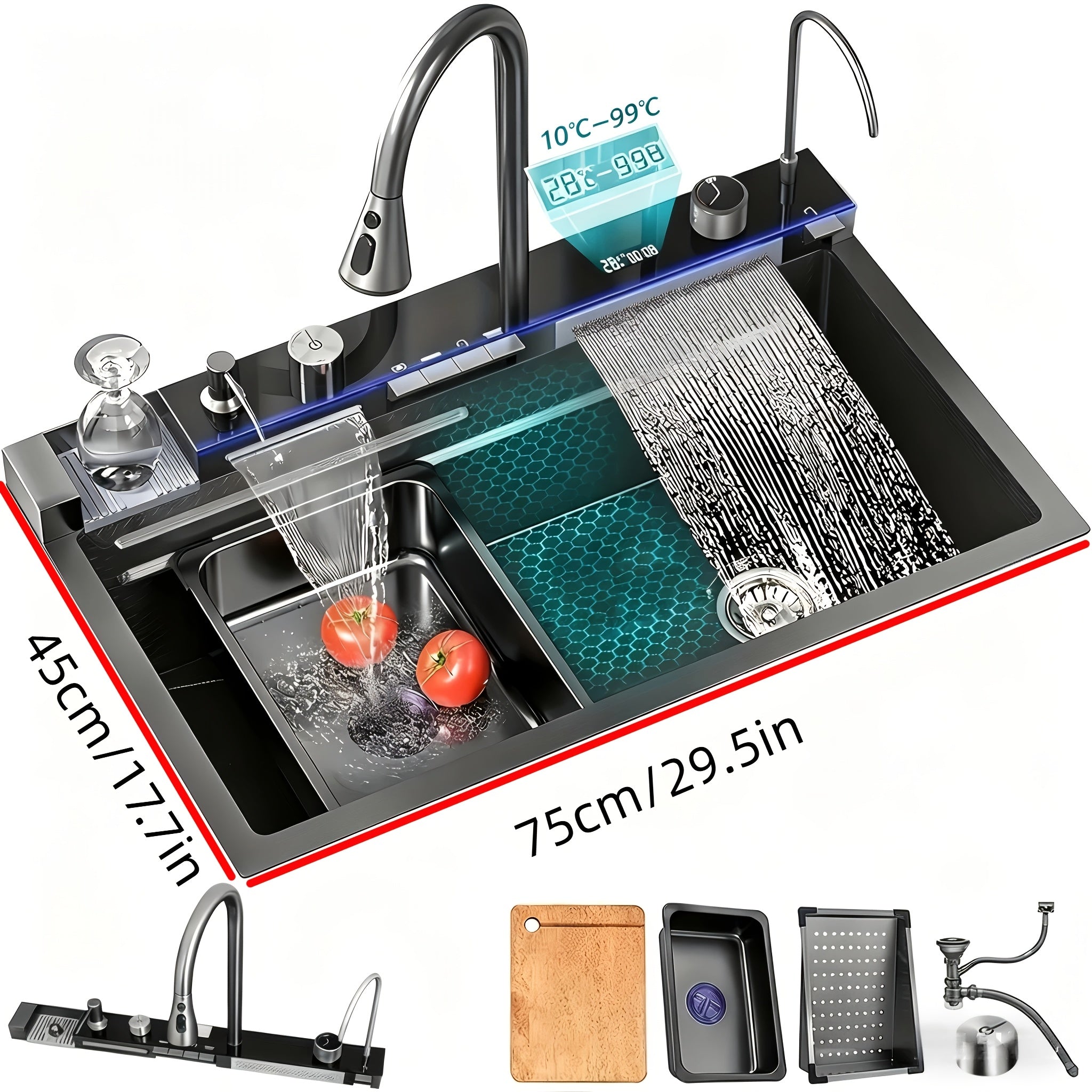 Stainless Steel Smart Waterfall Kitchen Sink with Pull-Down Faucet