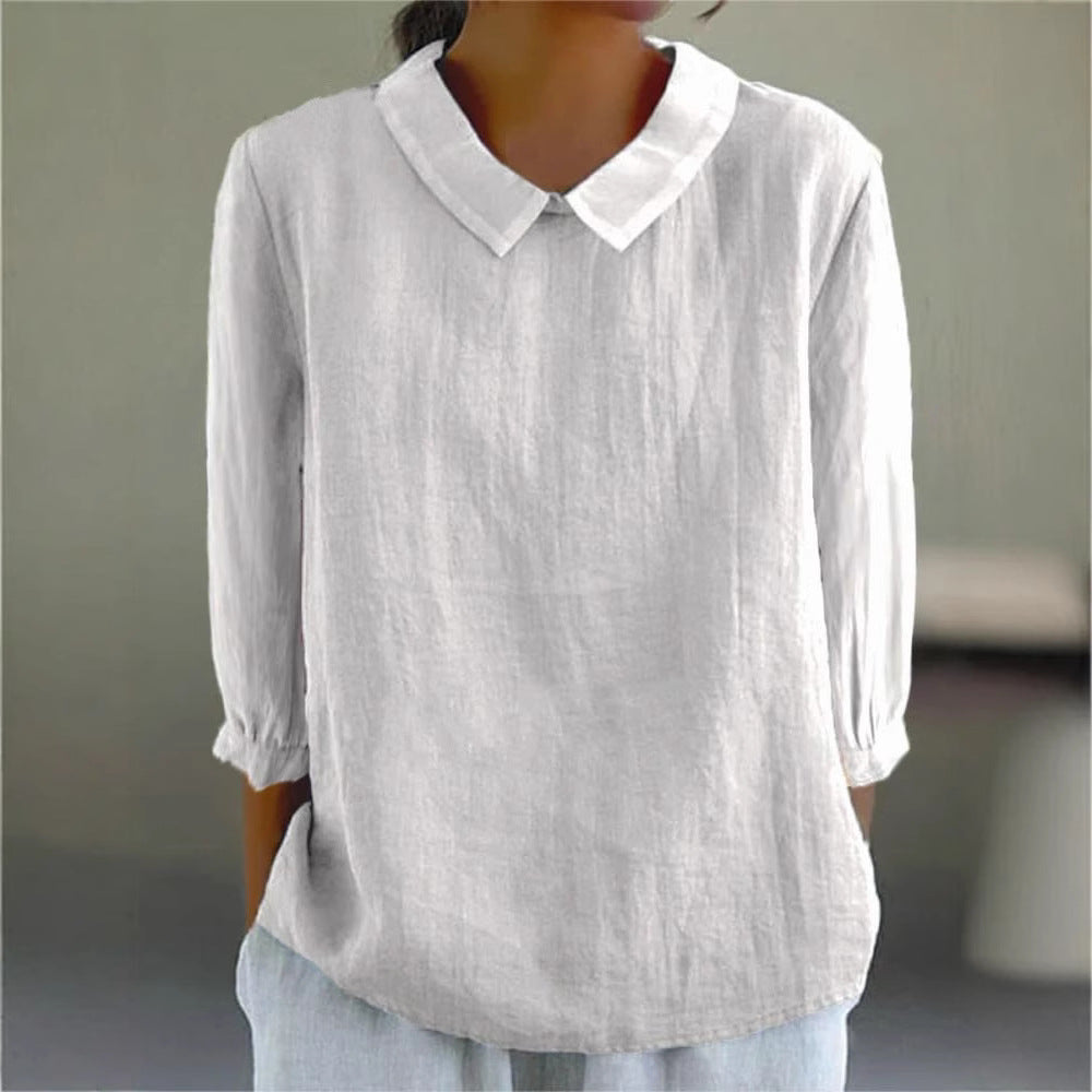 Loose-fit Lapel Shirt Womens Three-quarter Sleeve Bamboo-cotton Top
