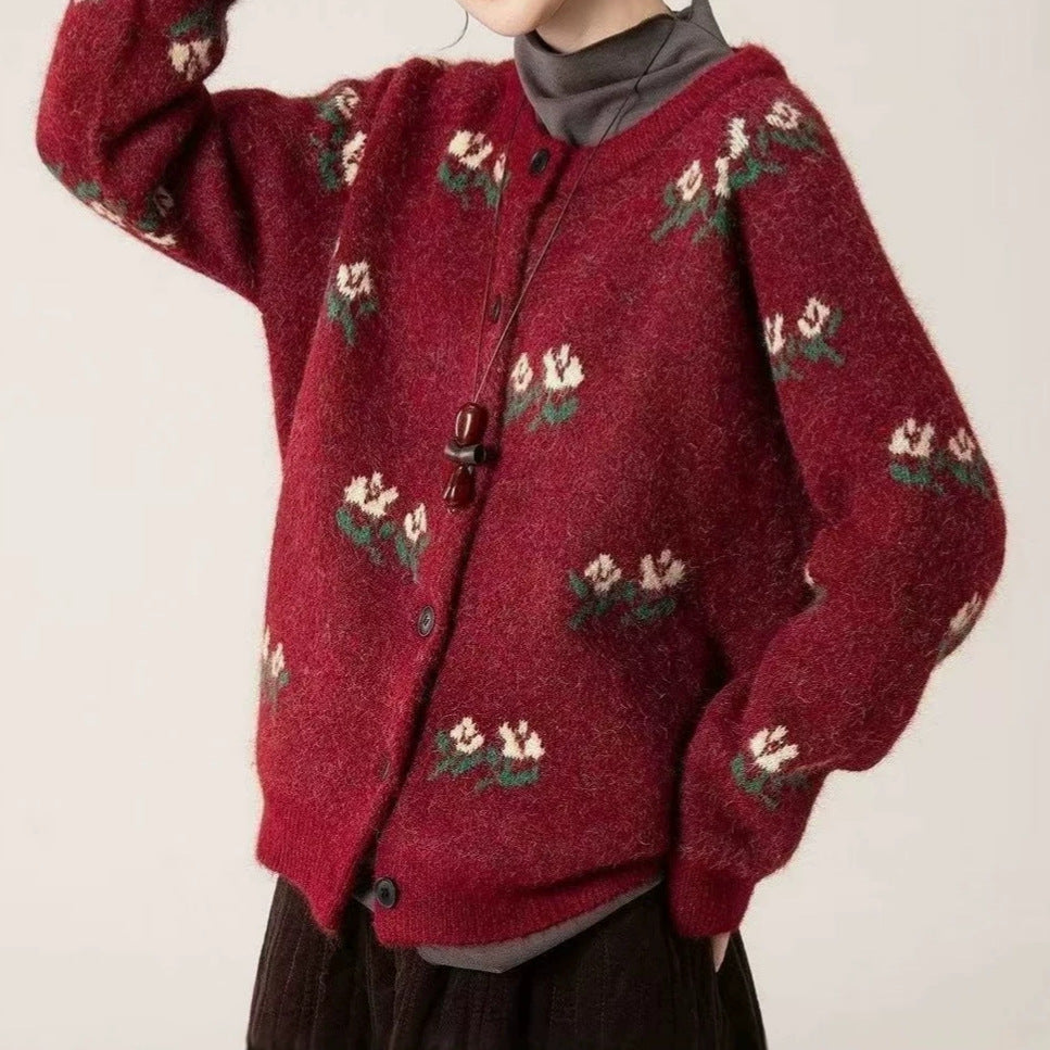 Retro-style Design Forward Floral Knit Cardigan