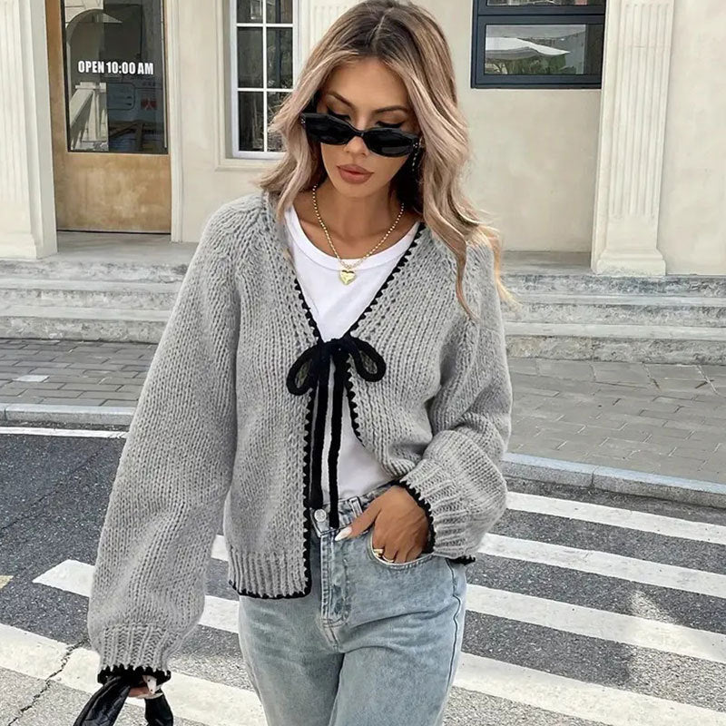Long Sleeve Bowknot Lace-up Cardigan Coat Top