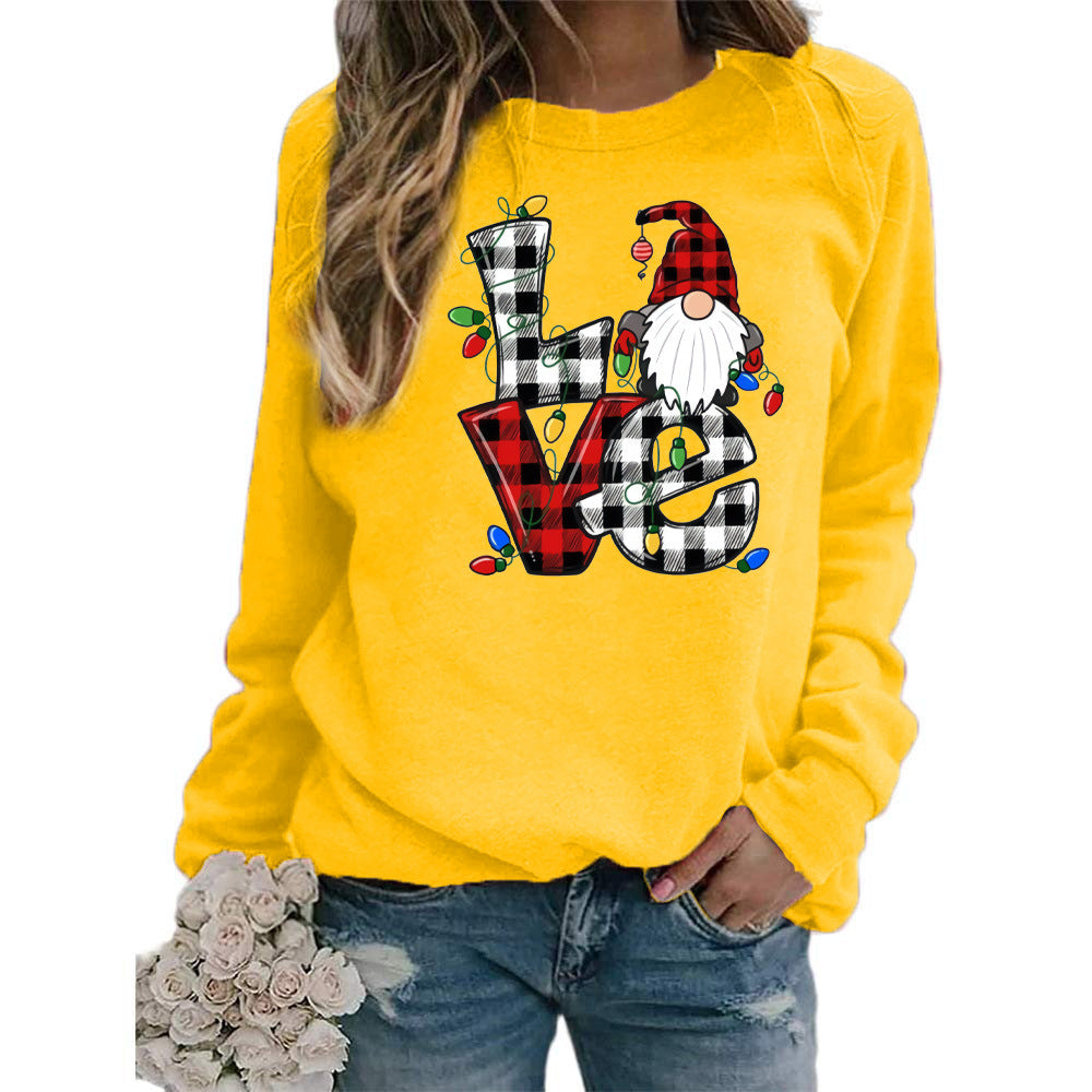 European And American Santa Claus Plaid Love Printed Round Neck Long Sleeve Sweater Coat Ladies
