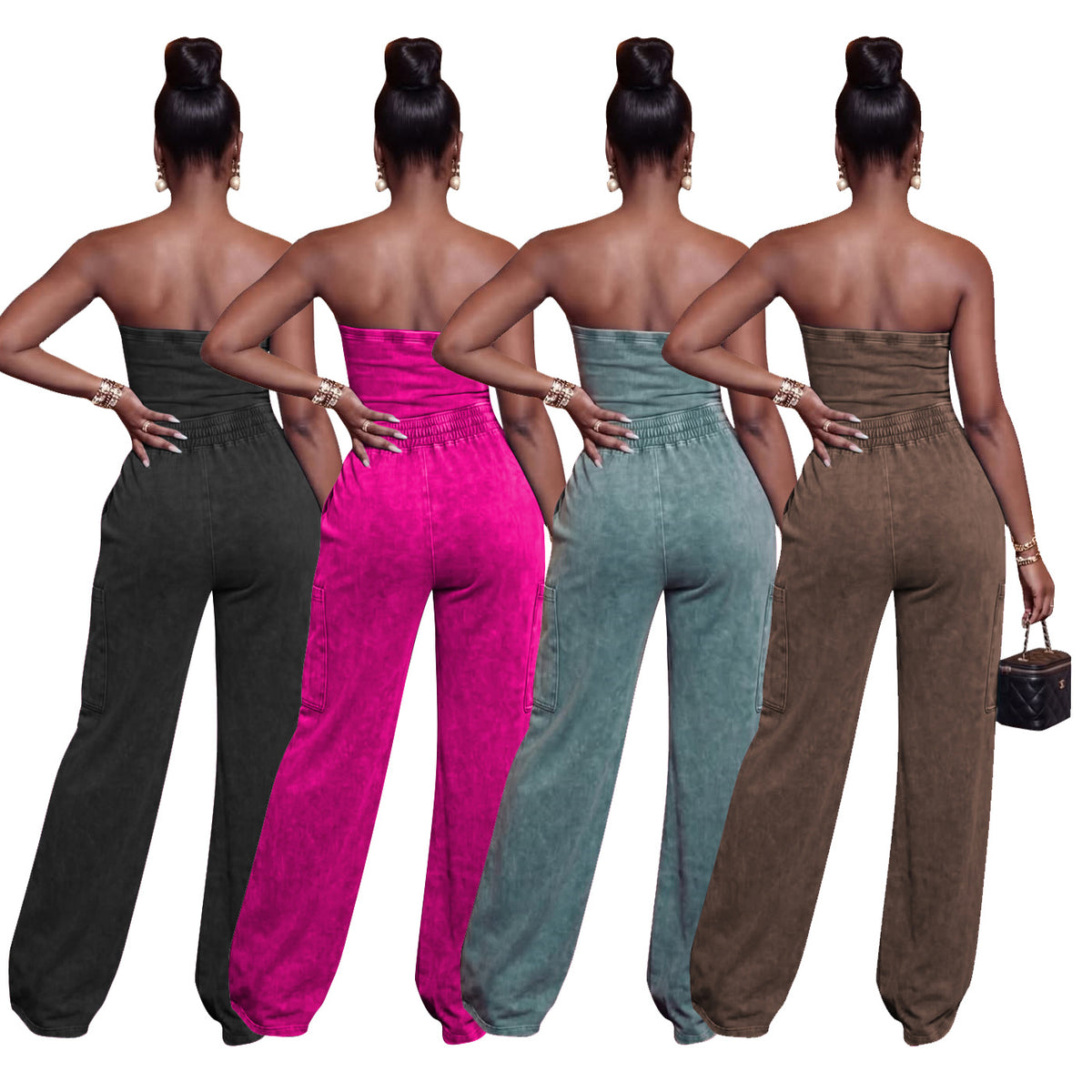Womens Casual Washed Strapless Wide-Leg Jumpsuit