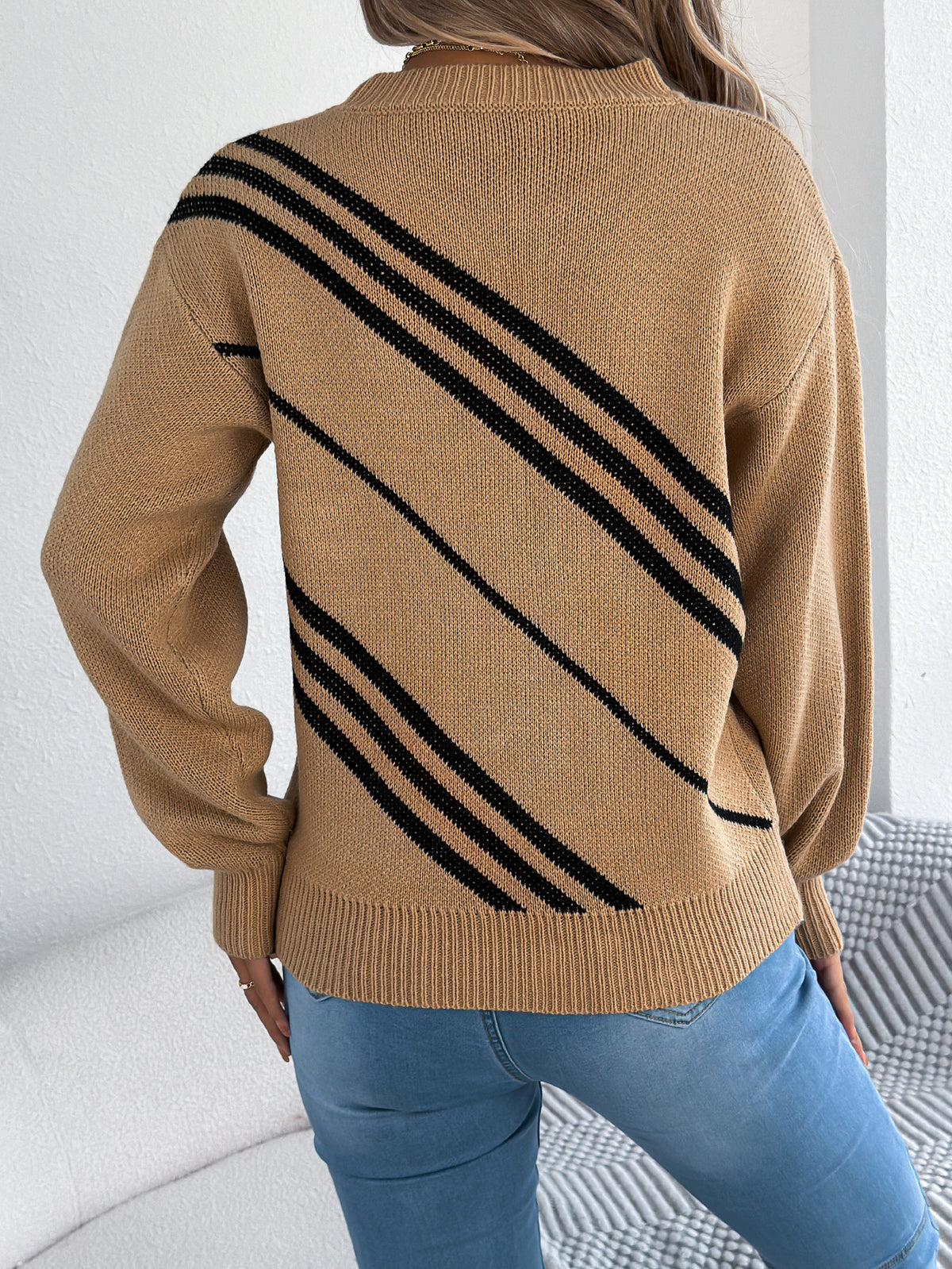 Women Casual Striped Round Neck Lantern Sleeve Long Sleeve Pullover Sweater