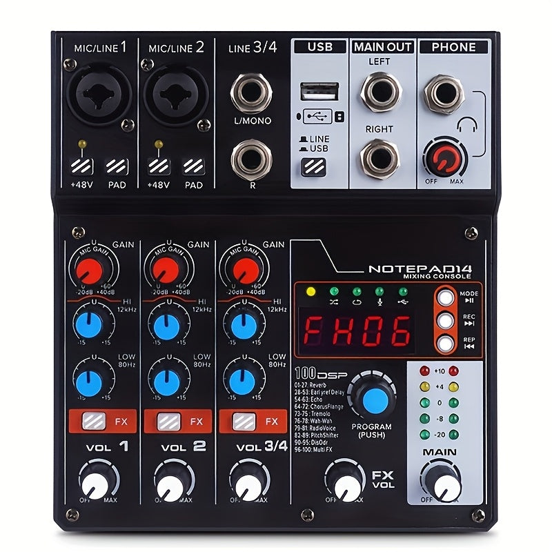 4-Channel DJ Audio Mixer with USB and SD Card Recording