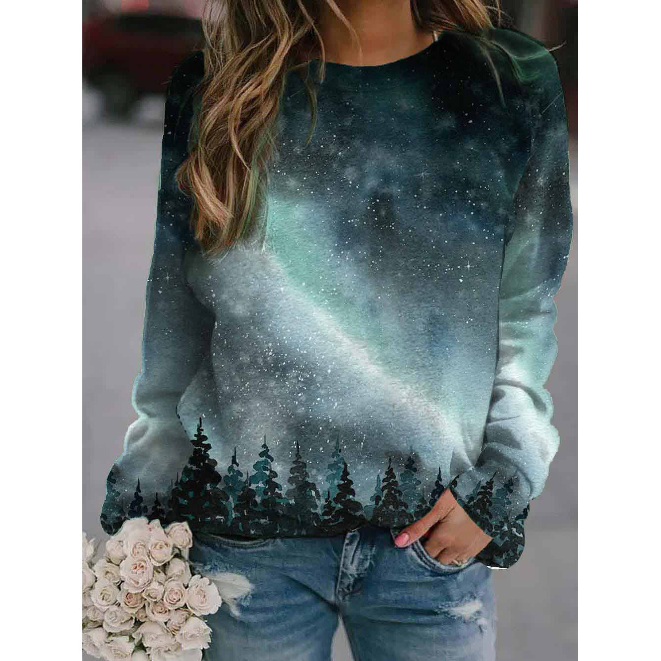 Floral Landscape Print Long Sleeve Streetwear Pullover