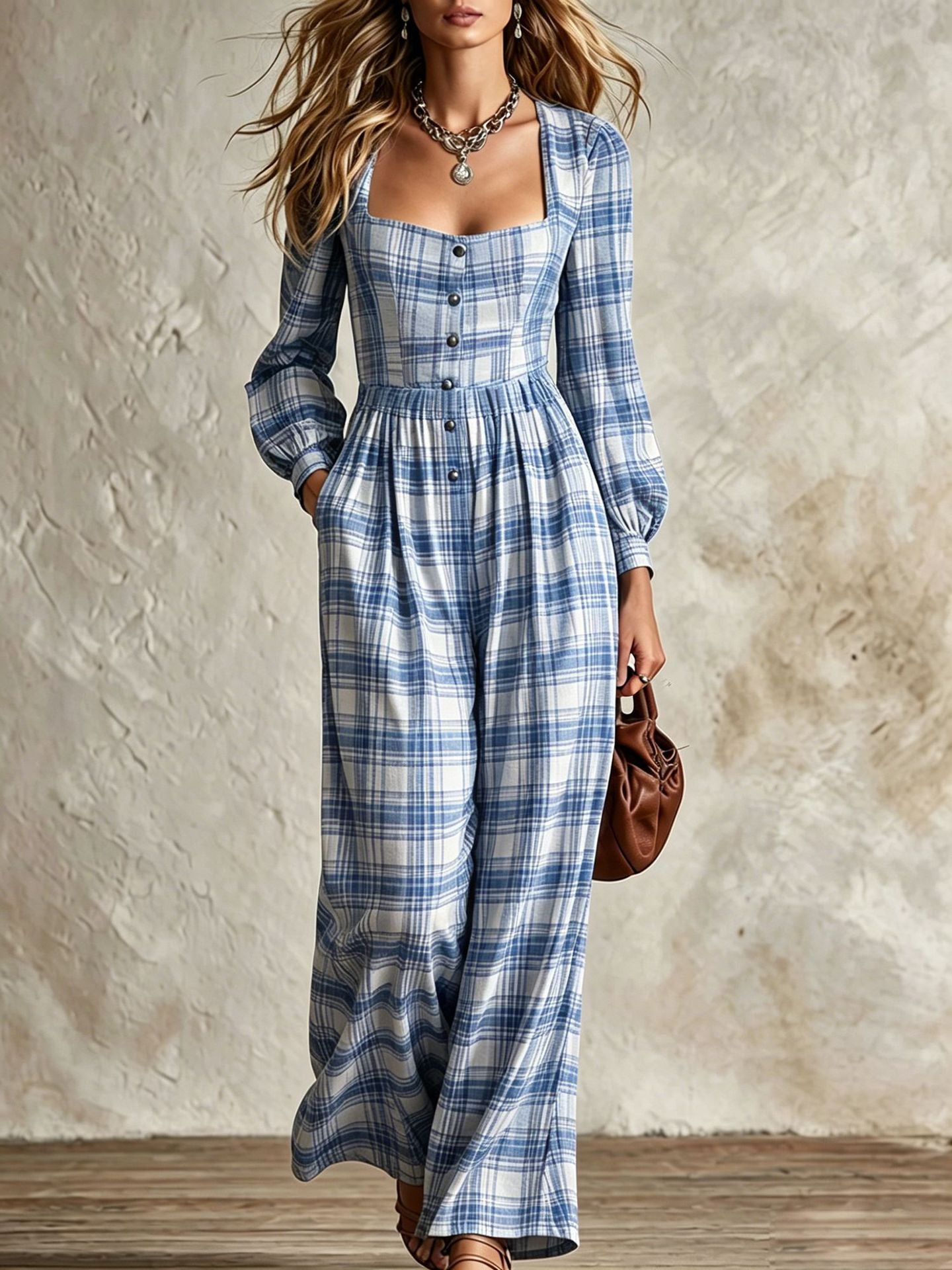 Womens Plaid Waist-Cinching Wide-Leg Jumpsuit