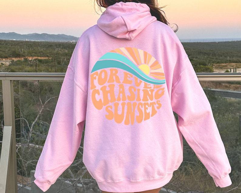Sunset Print Fleece-Lined Kangaroo Pocket Hoodie