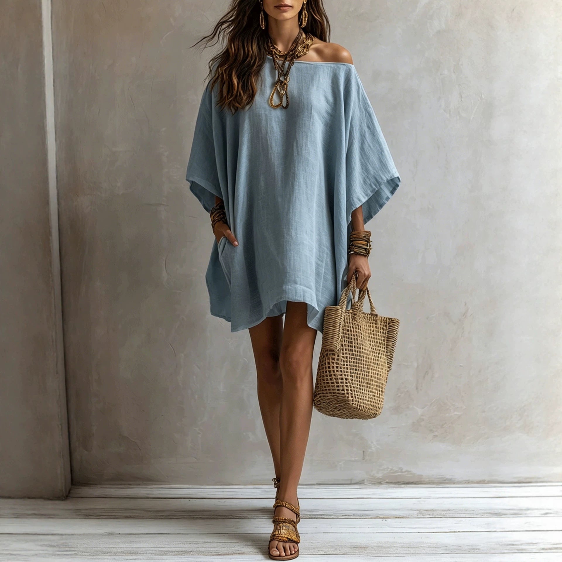 Off-the-Shoulder Loose-Fitting Batwing Dress for Women