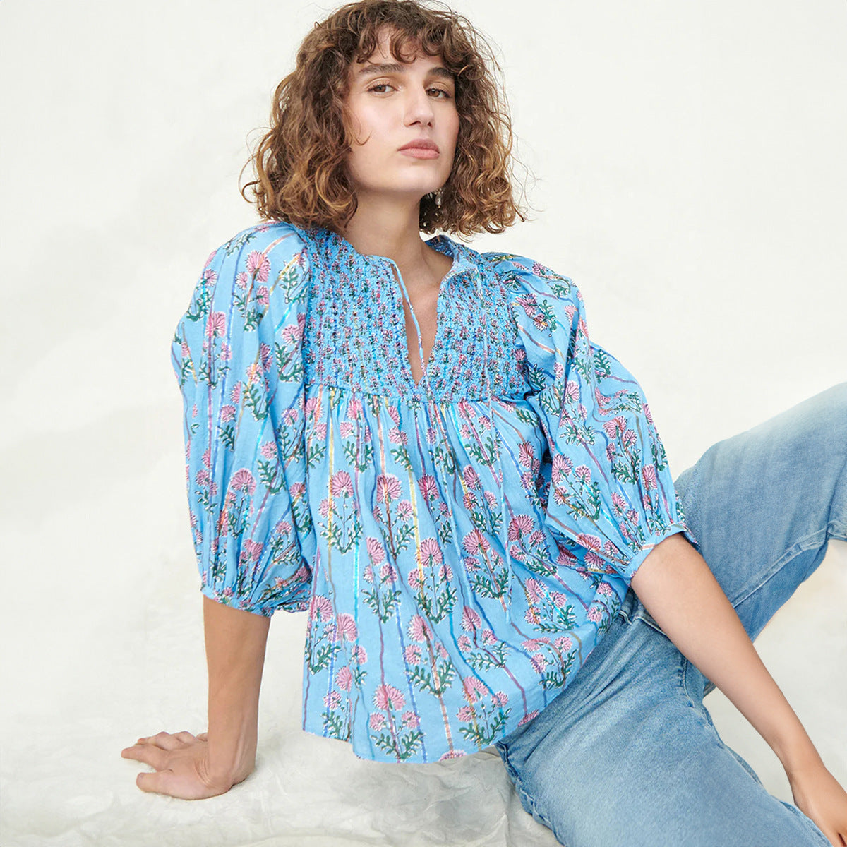 New Casual Womens Floral Chiffon Blouse With Puff Sleeves