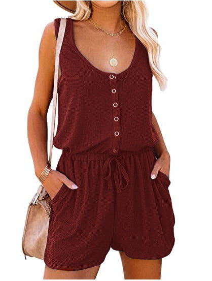 Summer Sleeveless Lace-Up Wide-Leg Romper