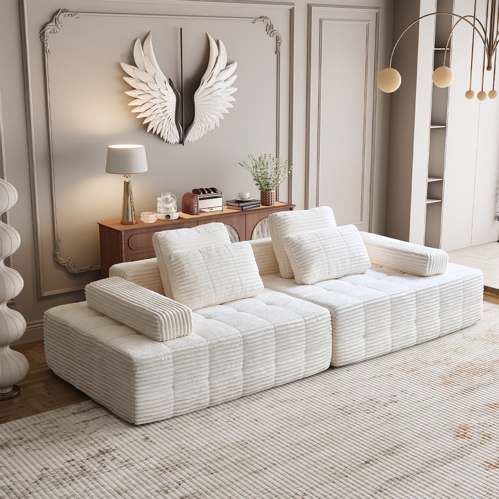 Modular L-shaped chaise longue sofa bed with deep seat and corduroy upholstery