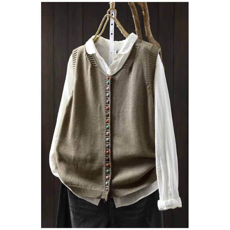 Spring and Autumn Outer Wear Solid Color and V-neck Color Buckle Knitted Cardigan Vest Vest for Women