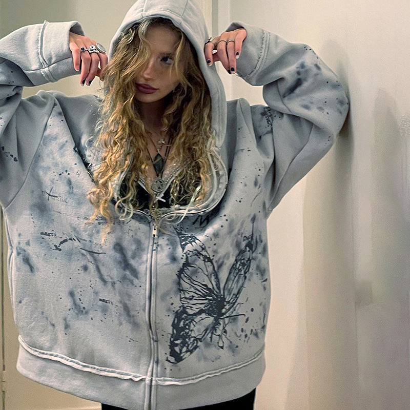 Knitted Butterfly Print Loose Hoodie