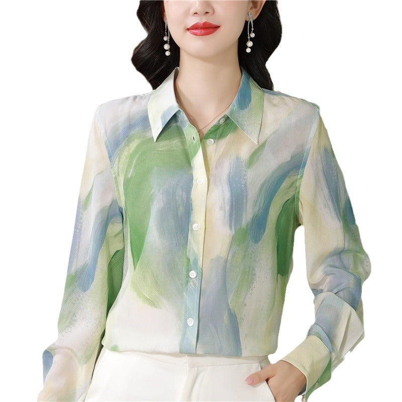 Chinese Ink Painting Style Printed Faux Silk Shirt