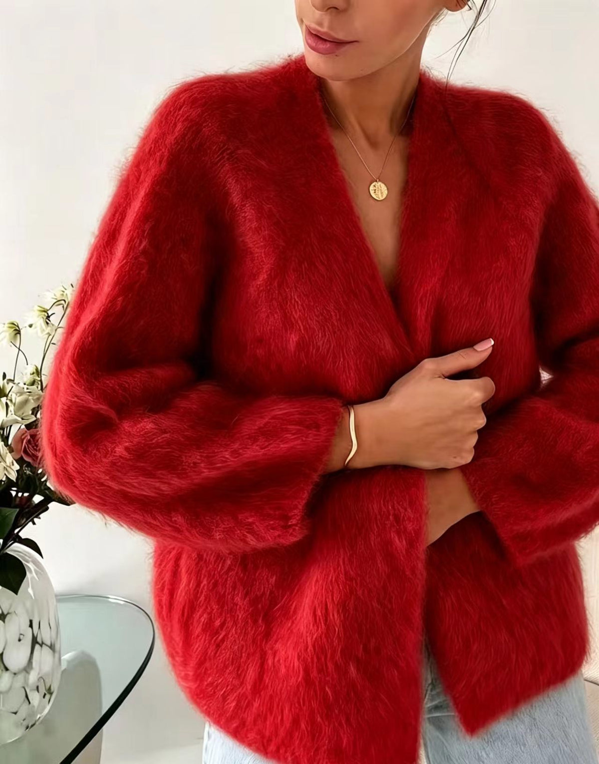 V-neck Sweater Coat Womens Knitted Cardigan Solid Color