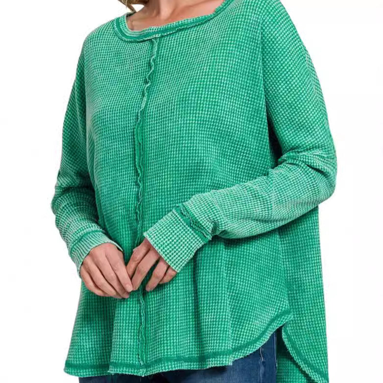 Women's Casual Washed Waffle Long-Sleeve Pullover Top