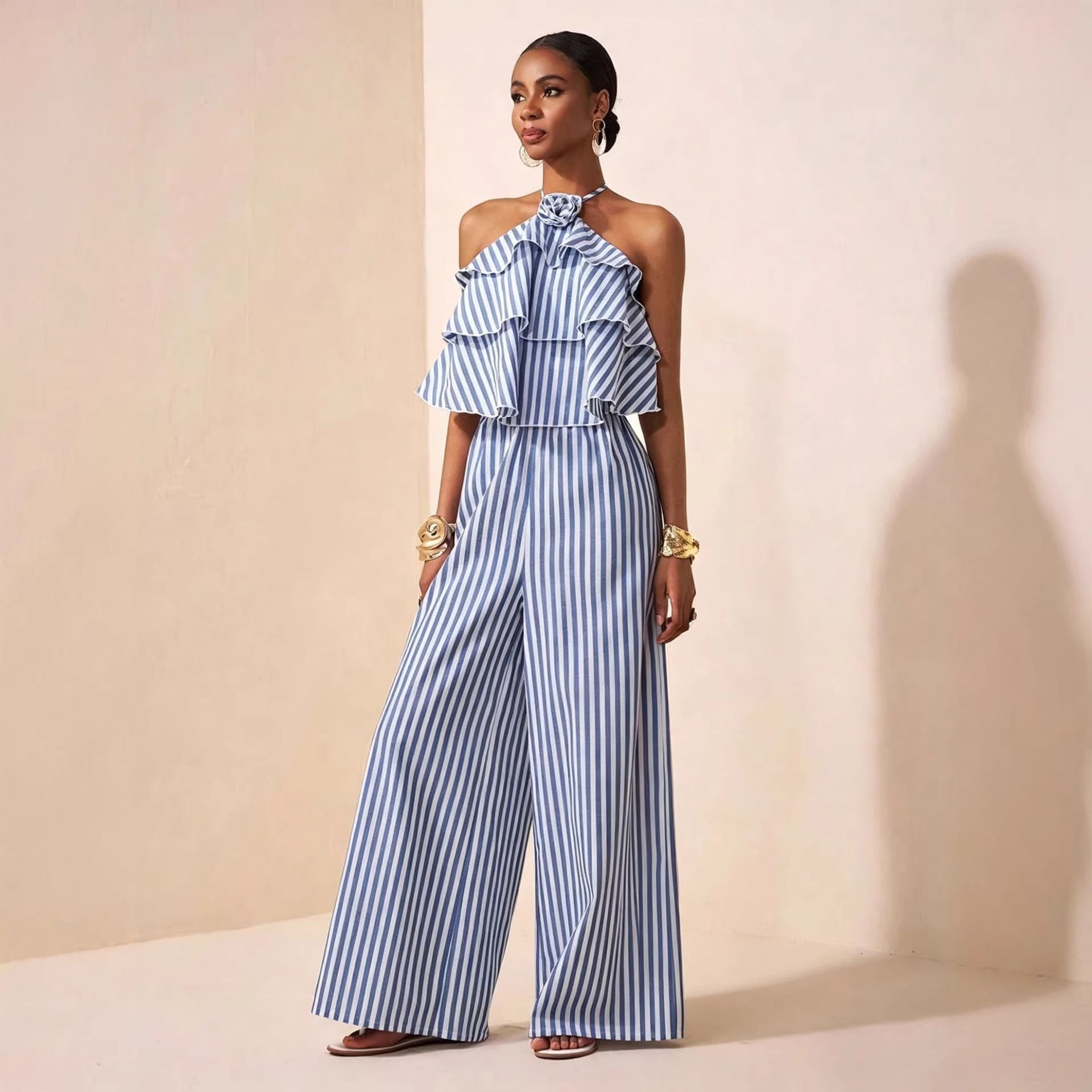 Striped Lace-Up Backless Halter Wide-Leg Jumpsuit