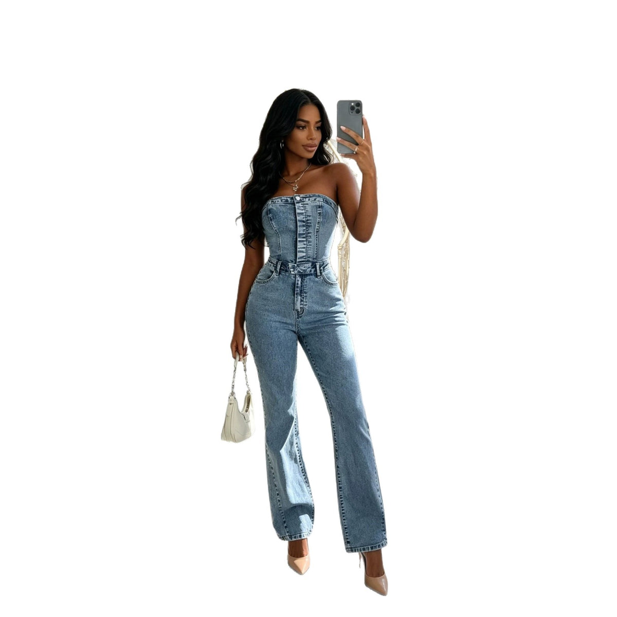 Chic Strapless Denim Jumpsuit with Waist-Cinching Fit