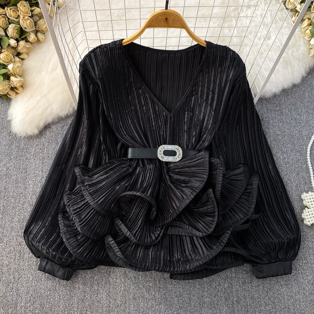 Lantern Long Sleeve V-neck Loose Belly-covering Waist Ruffle Hem Pullover Shirt
