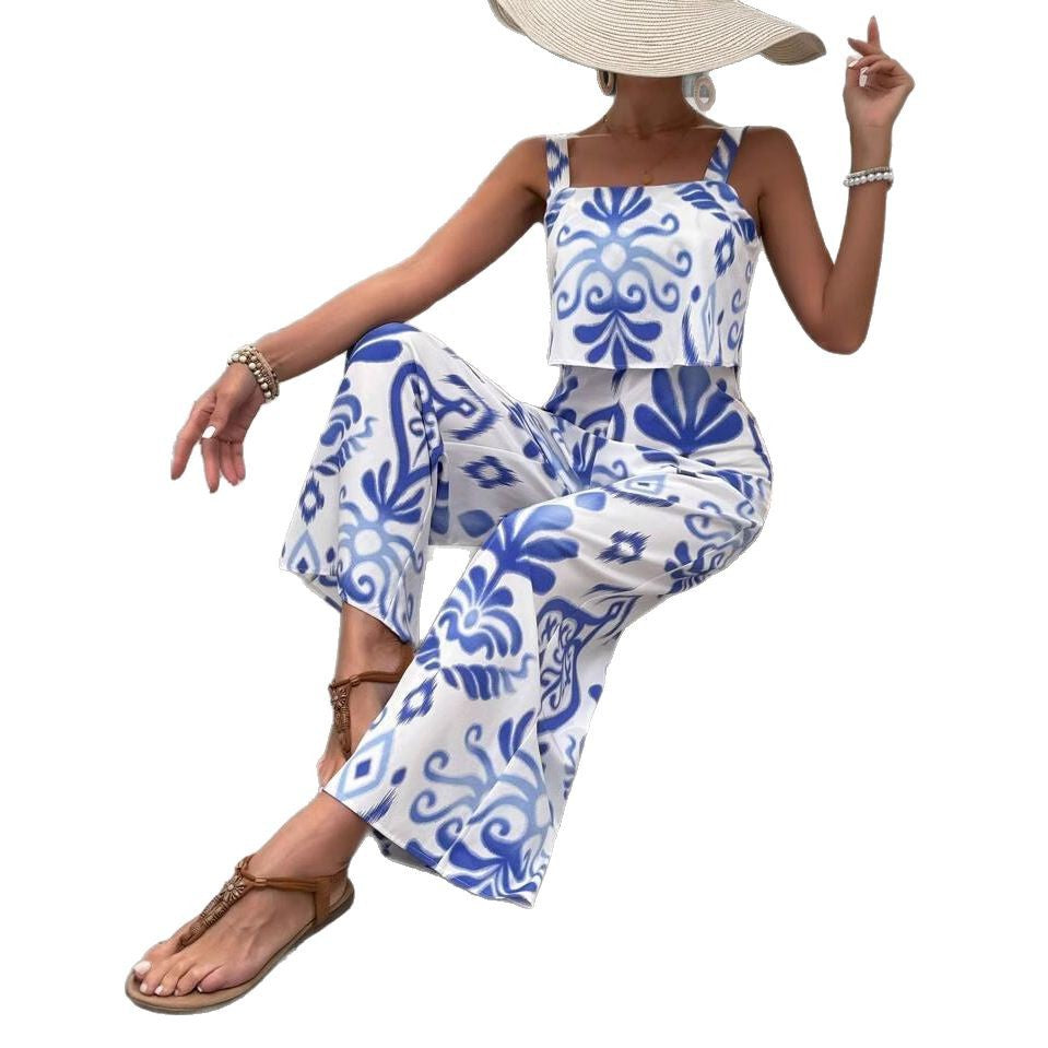 Fashionable Printed Summer Double-Layer Vest Jumpsuit With Loose Trousers
