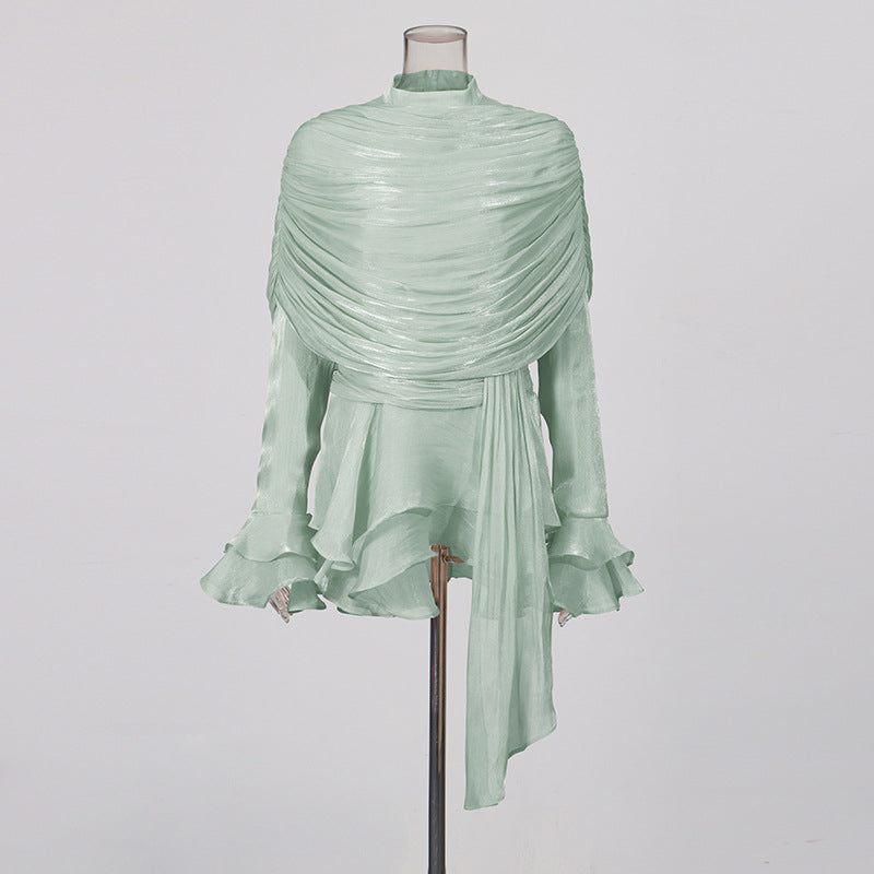 Sage Green Shimmer Asymmetrical Evening Dress