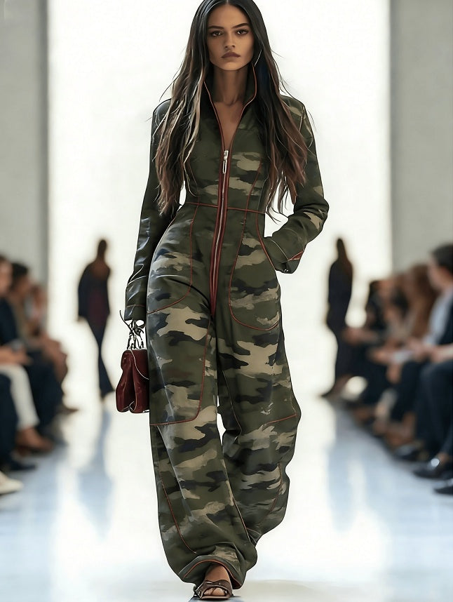 Zippered Long-Sleeve Casual Wide-Leg Jumpsuit