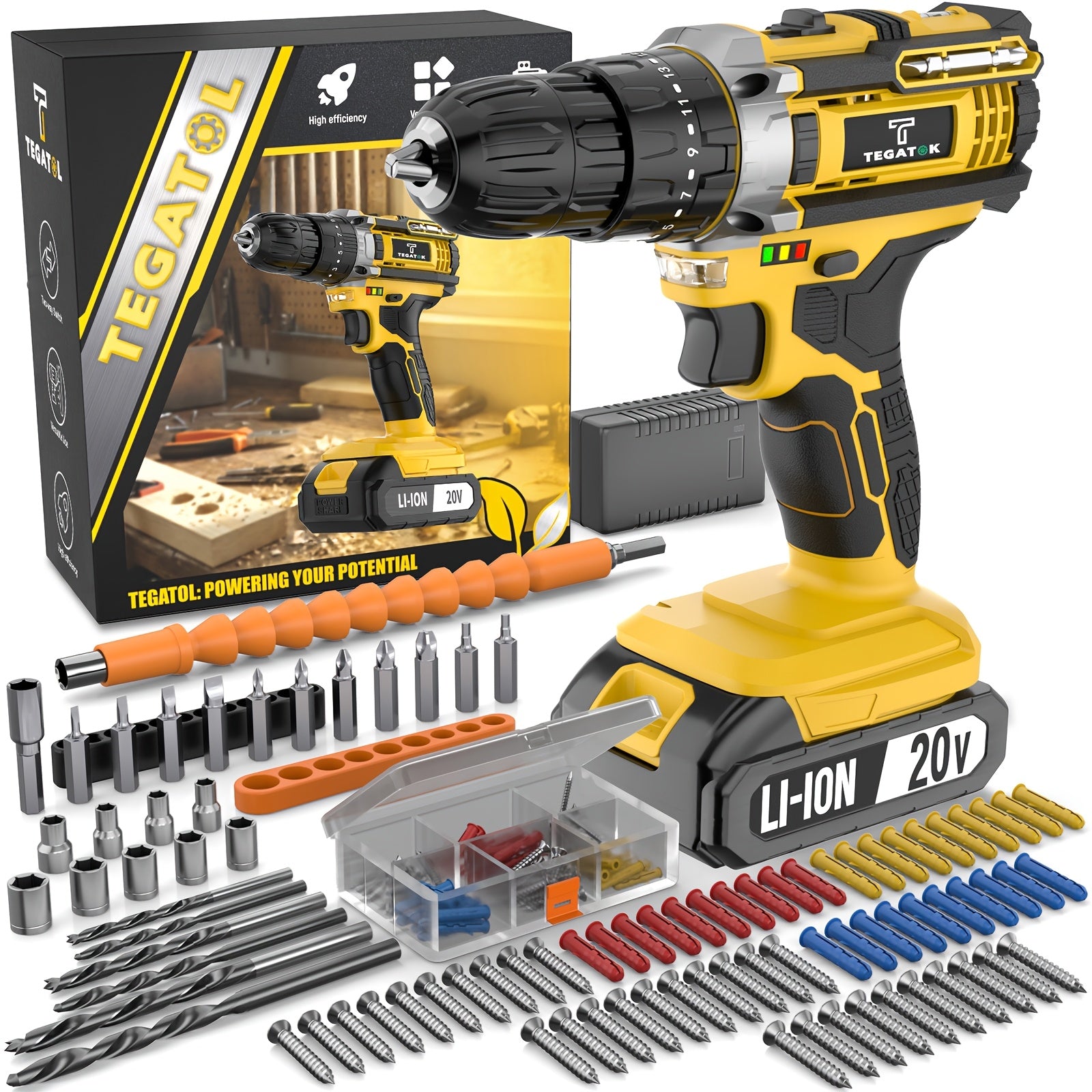 20V Cordless Drill Set – 30/88/136/148 Piece Toolbox Including Battery, Charger, Drill, Pliers, Bits – Ideal for Construction and Home Improvement