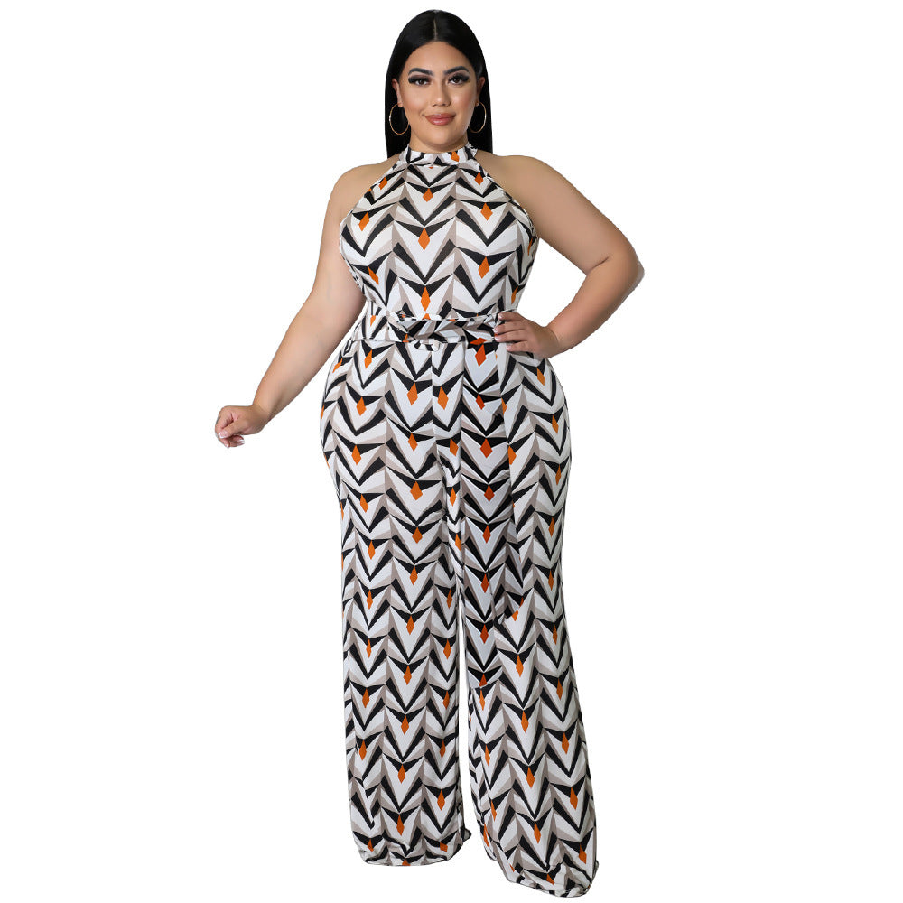 Plus Size Halterneck Printed Jumpsuit with Belt