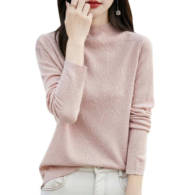 Fine-woven Wool Mock-neck Long-sleeve Knit Shirt