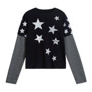 Retro Y2K Star-Print Mock Two-Piece Long-Sleeve Top