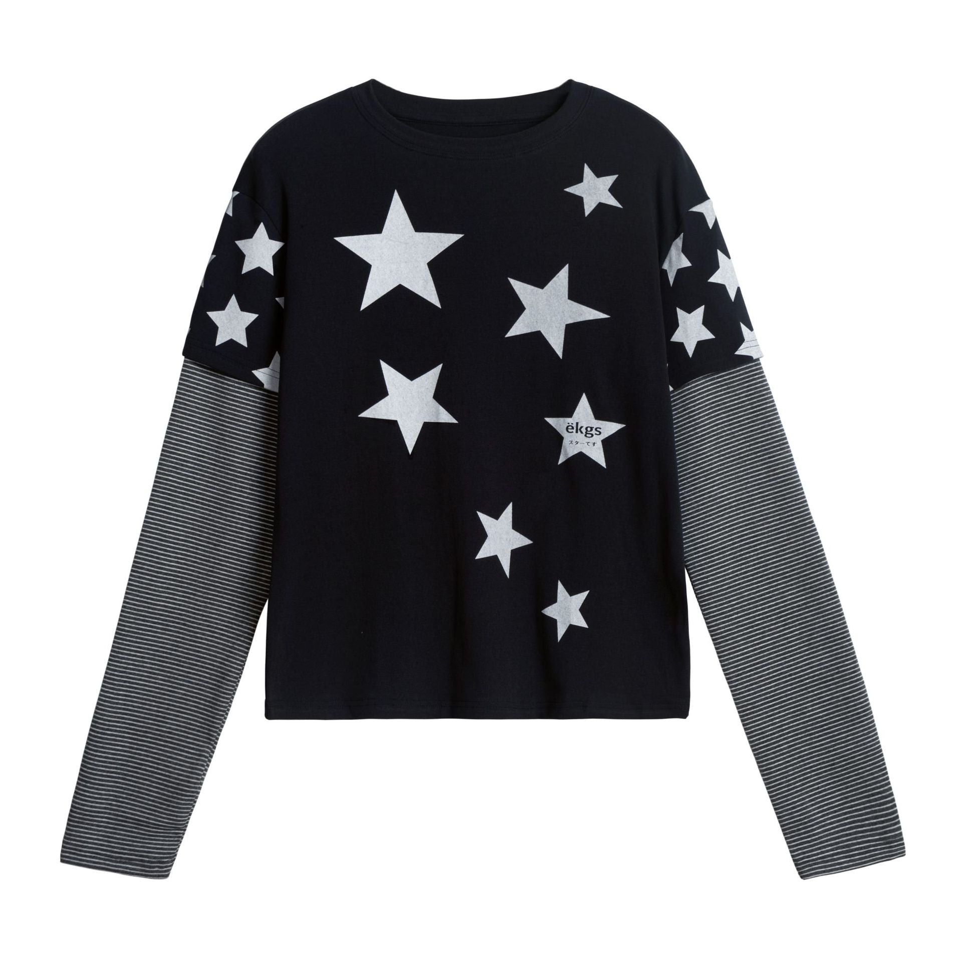 Retro Y2K Star-Print Mock Two-Piece Long-Sleeve Top