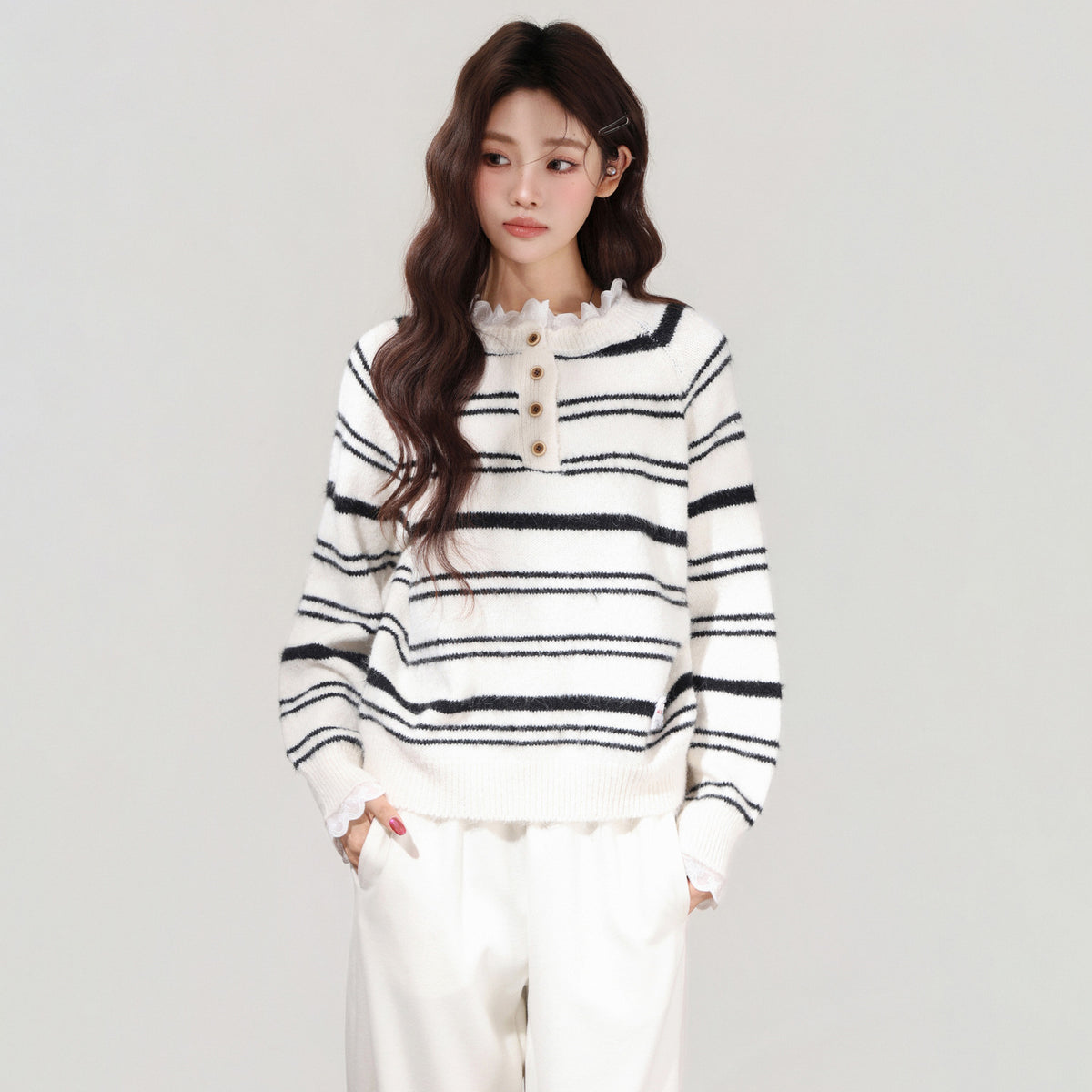 Autumn and Winter Lace Ruffle Color Block Stripe Thickened Knit Sweater