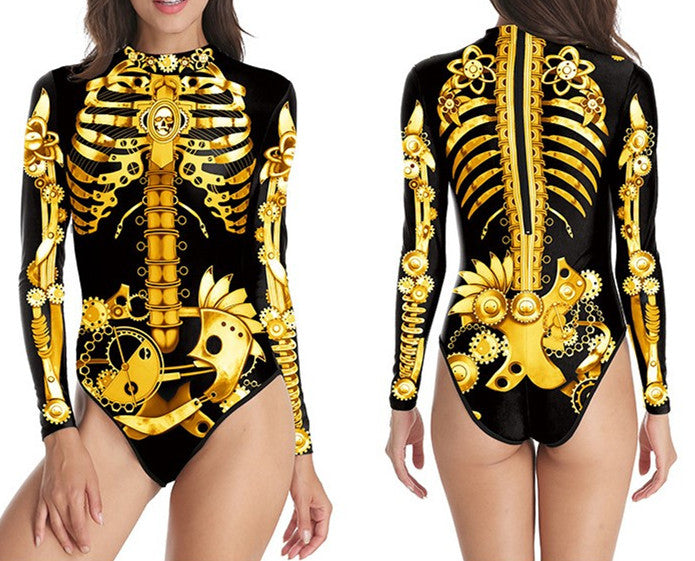 Women's Long-sleeved 3d Digital Printing Skull Skeleton One-piece Swimsuit