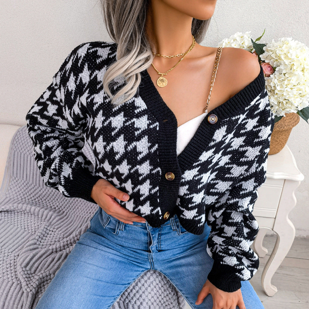 Chic Check Lantern Sleeve V-Neck Cardigan Sweater