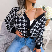 Chic Check Lantern Sleeve V-Neck Cardigan Sweater