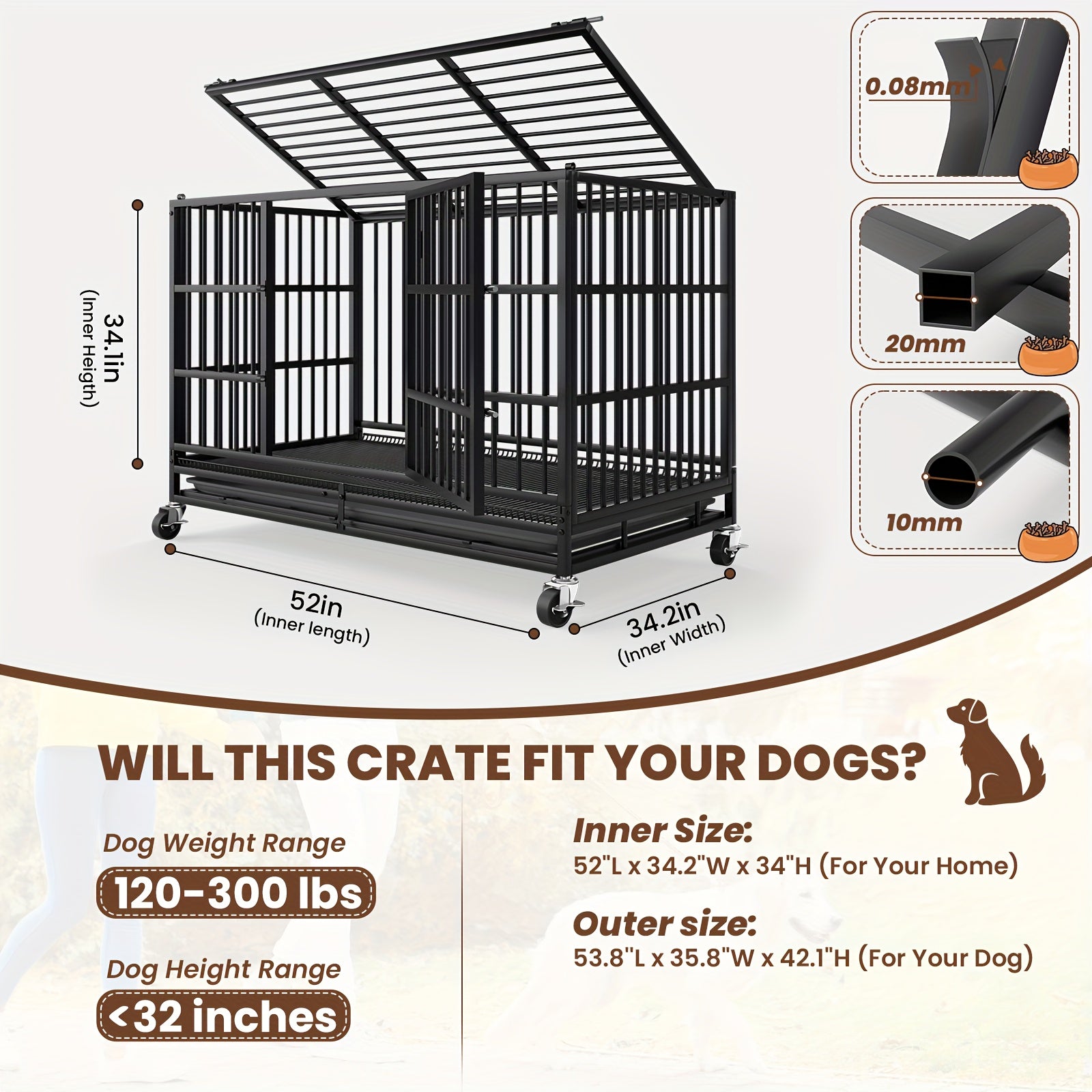 Leveleve 54/48/38 Inch Heavy Duty Dog Crate For Large Dogs - Escape-proof Metal Dog Cage With Lockable Doors, Removable Pan & 4-wheel Mobility System, Indoor/outdoor Use, Adjustable Height & Spacious